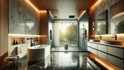 Modern Luxury Bathroom With Marble Walls And Bathtub