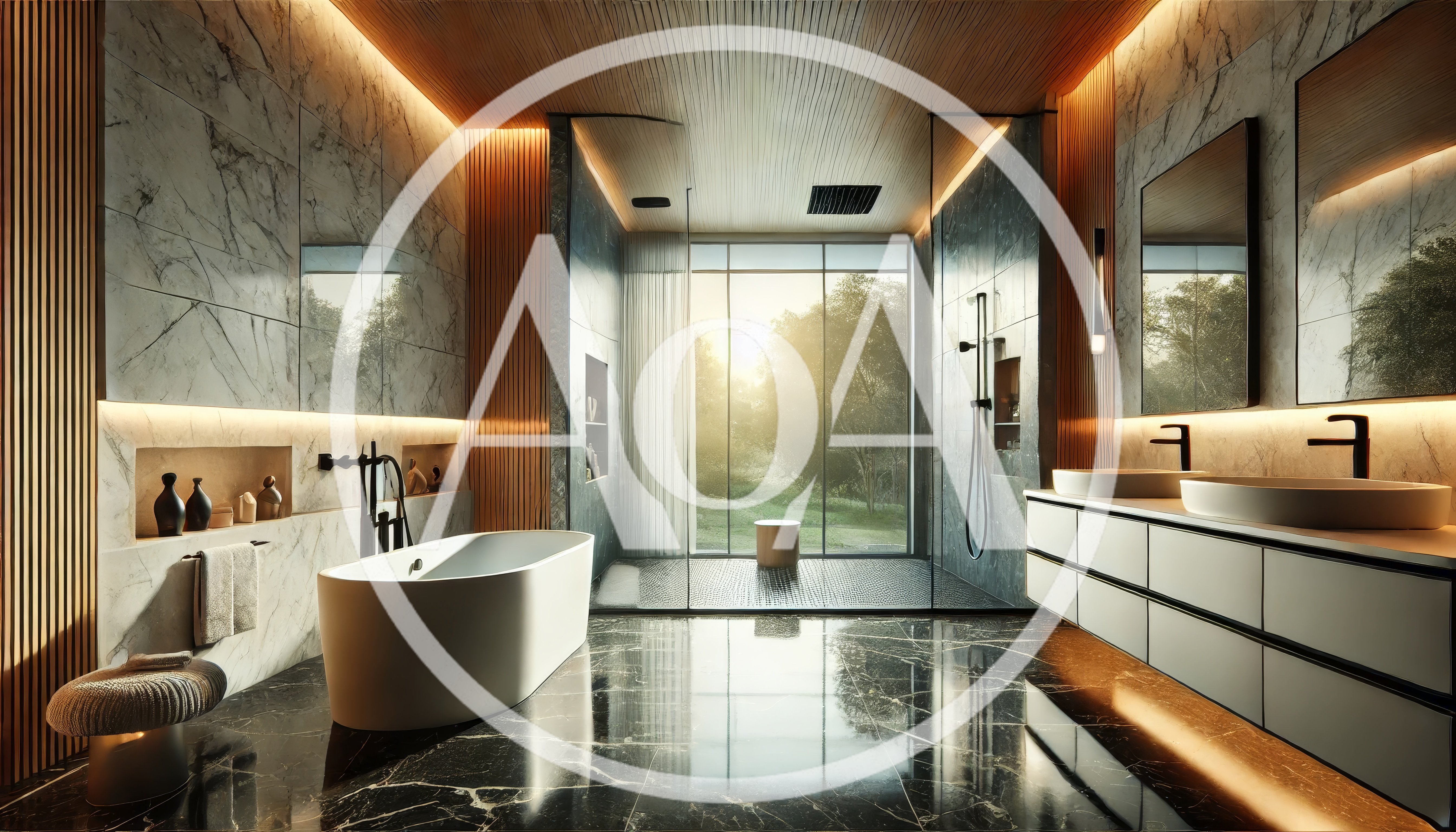 Modern Luxury Bathroom With Marble Walls And Bathtub