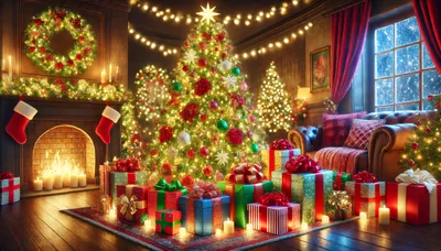 Cozy Christmas Living Room With Decorated Tree And Gifts