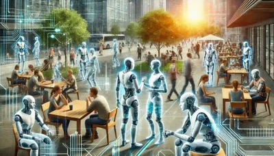 Futuristic Humanoid Robots Interacting With People In City