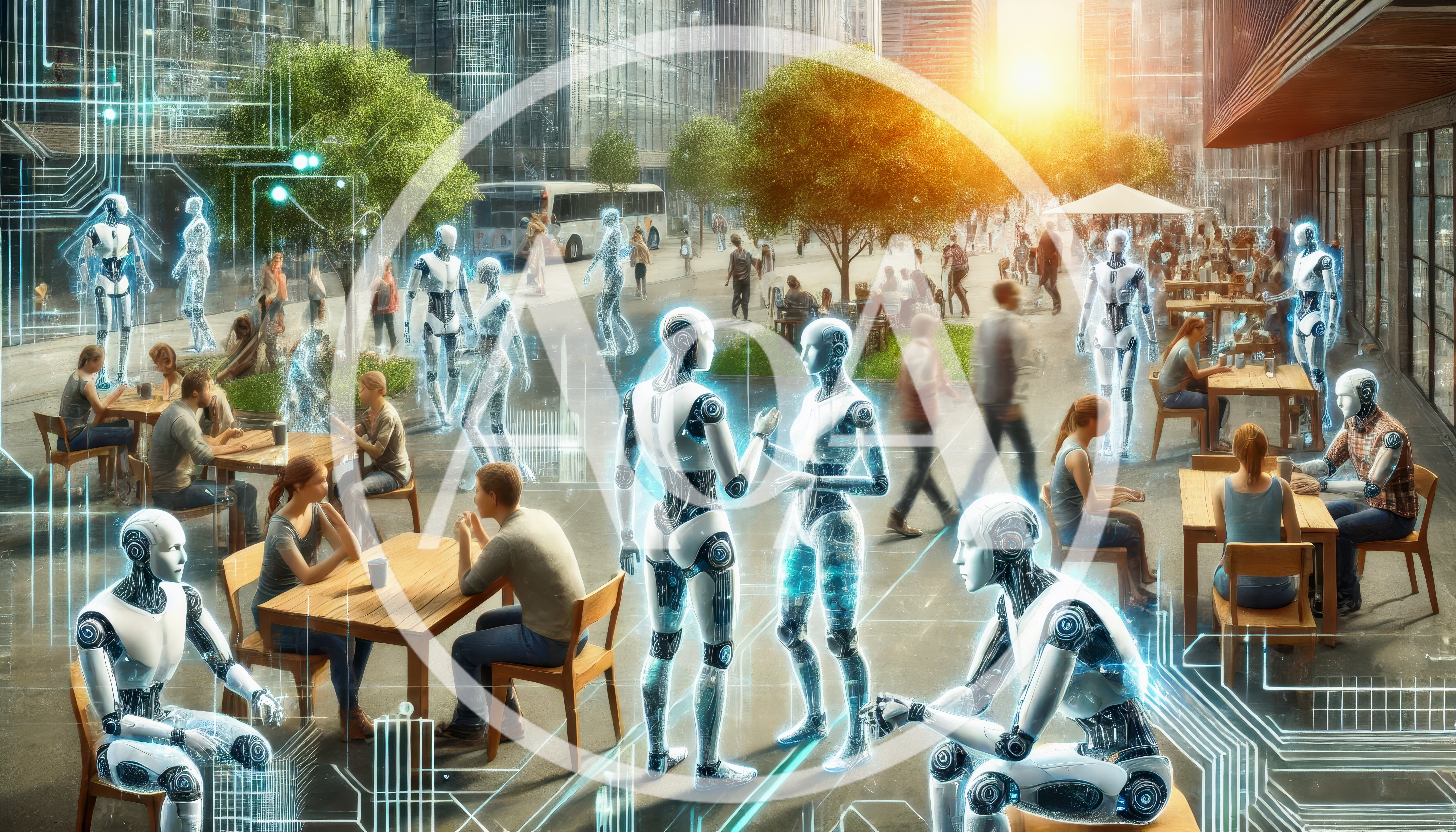 Futuristic Humanoid Robots Interacting With People In City