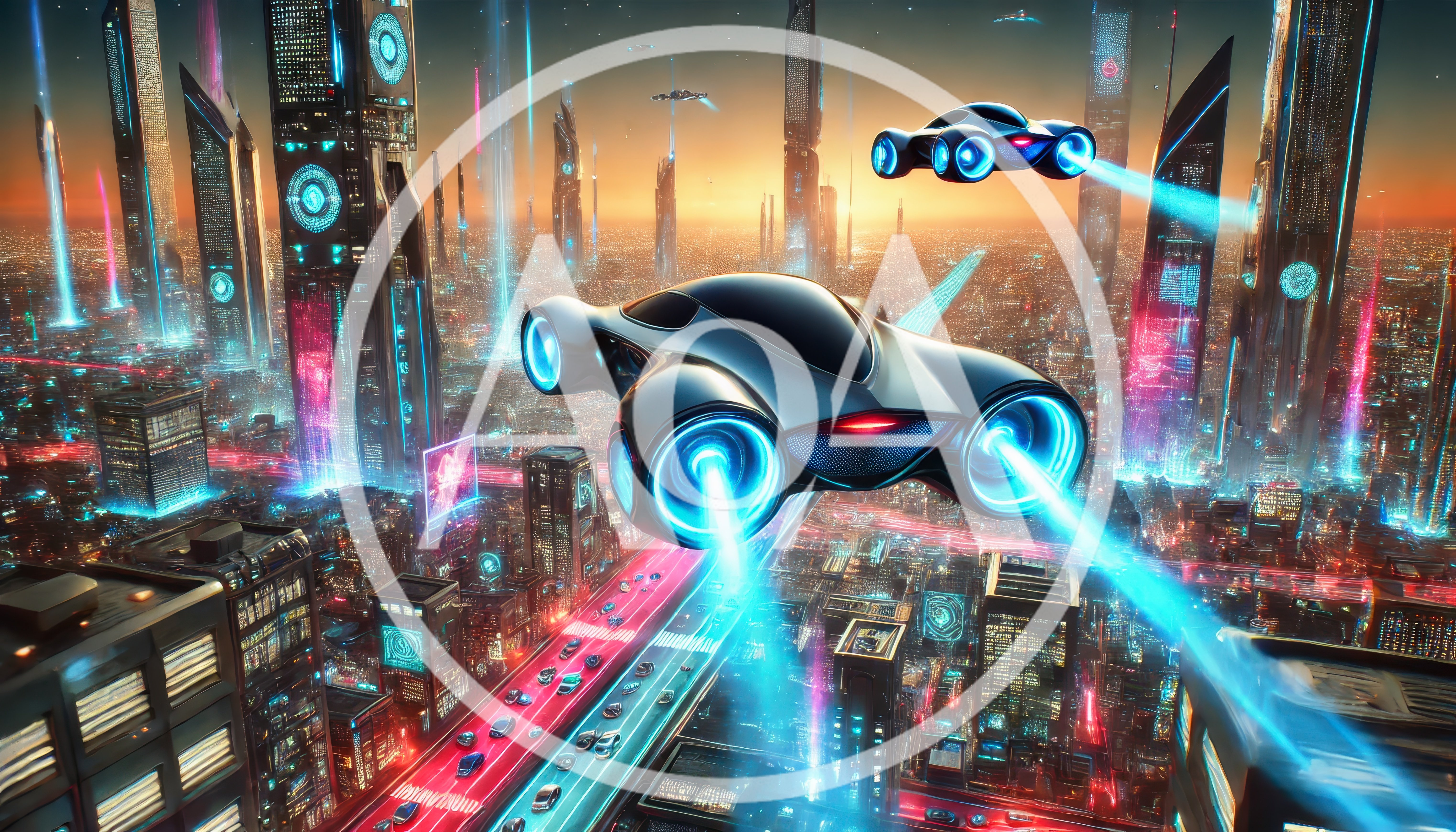 Futuristic Flying Cars Over A Neon Cyberpunk Cityscape
