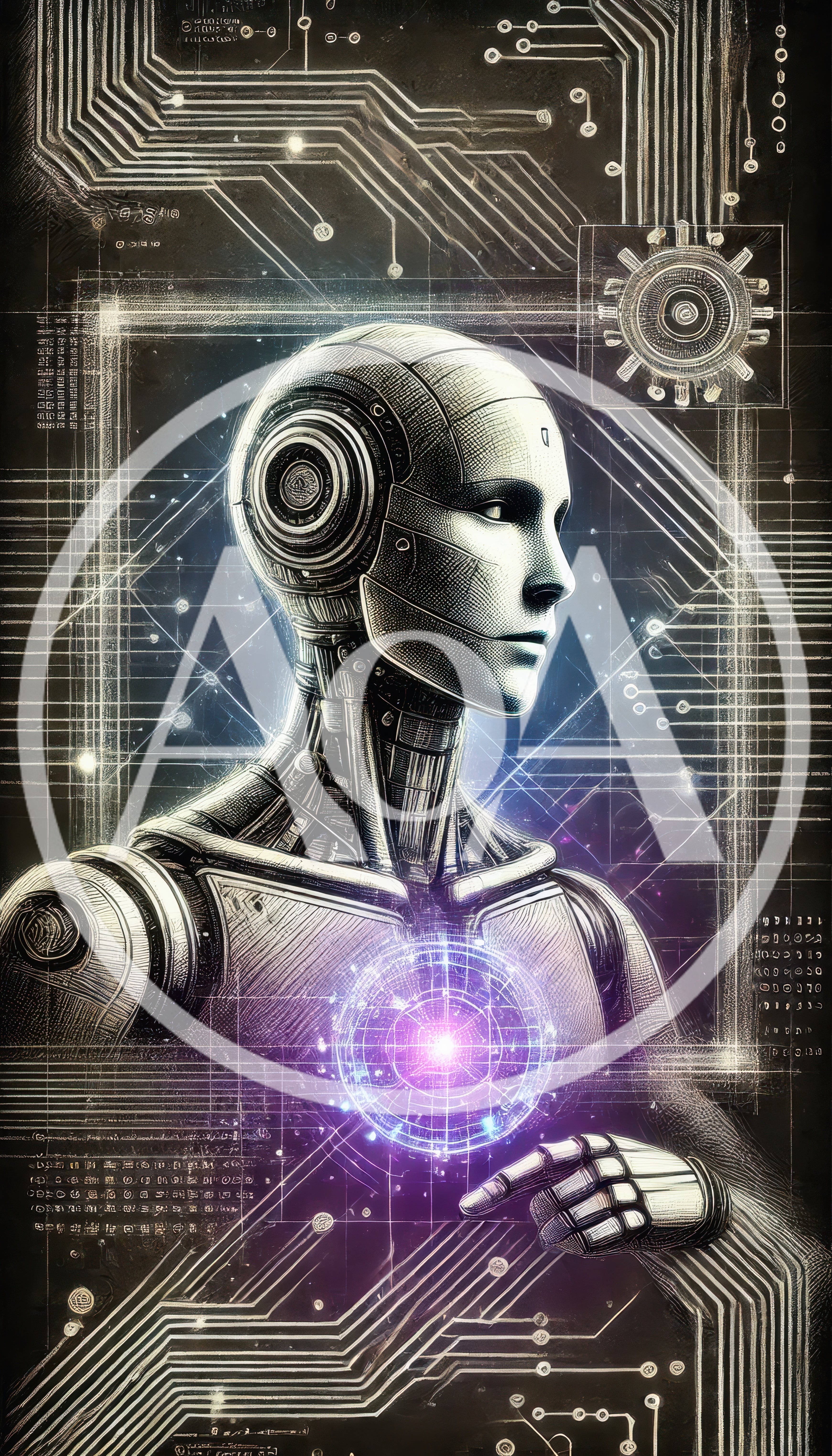 Futuristic Android With Glowing Core And Circuitry Background