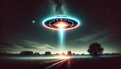 Glowing UFO Hovering Over A Misty Rural Field