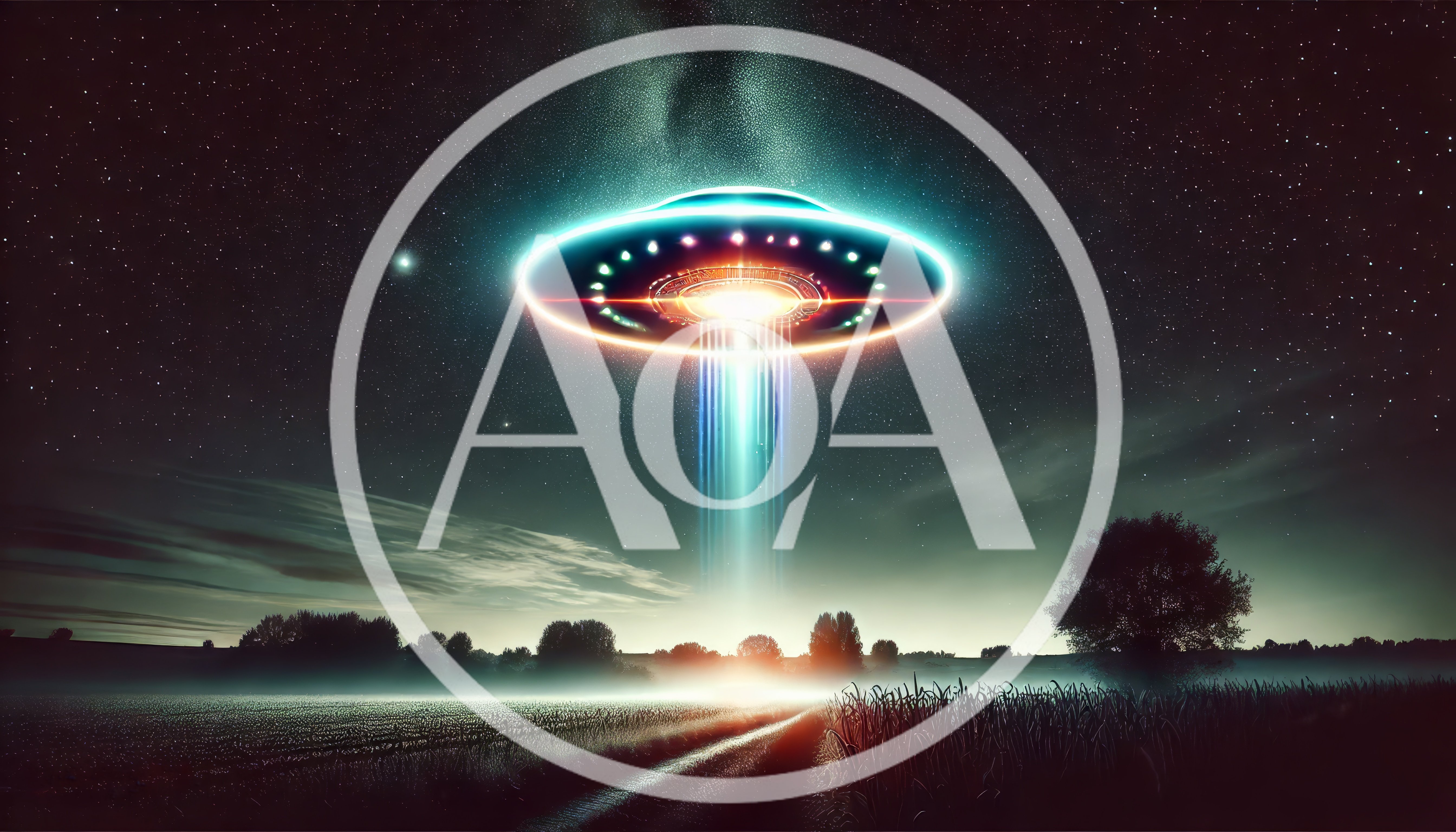Glowing UFO Hovering Over A Misty Rural Field