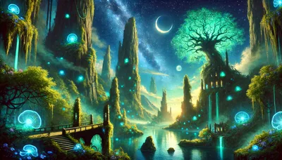 Fantasy Landscape With Glowing Bioluminescent Trees And Architecture