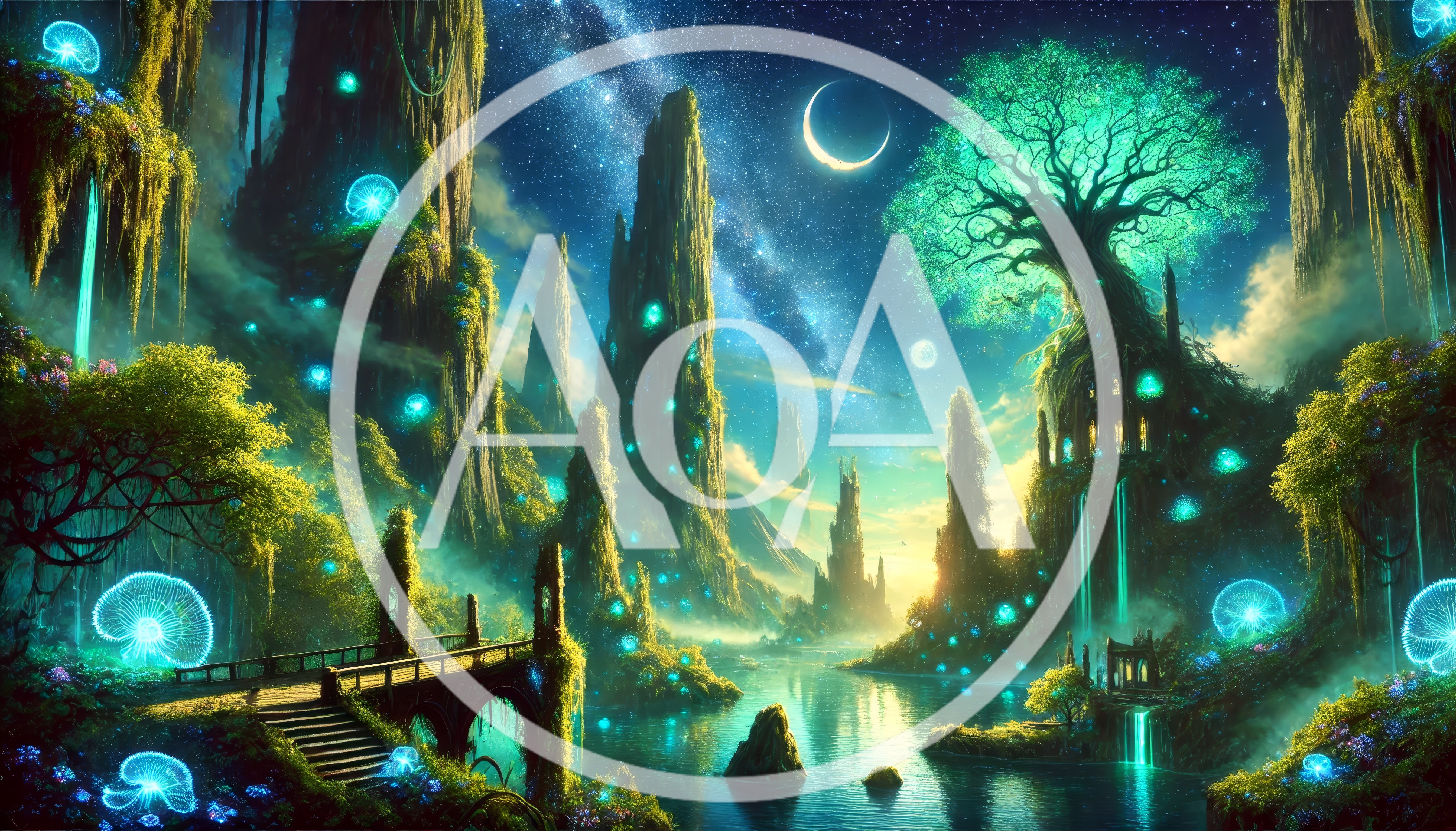 Fantasy Landscape With Glowing Bioluminescent Trees And Architecture