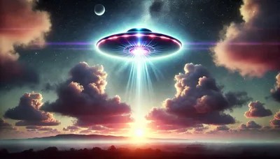 UFO Hovering Over Landscape at Sunset