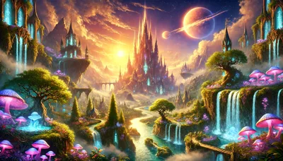 Fantasy Kingdom With Glowing Mushrooms And Floating Castles
