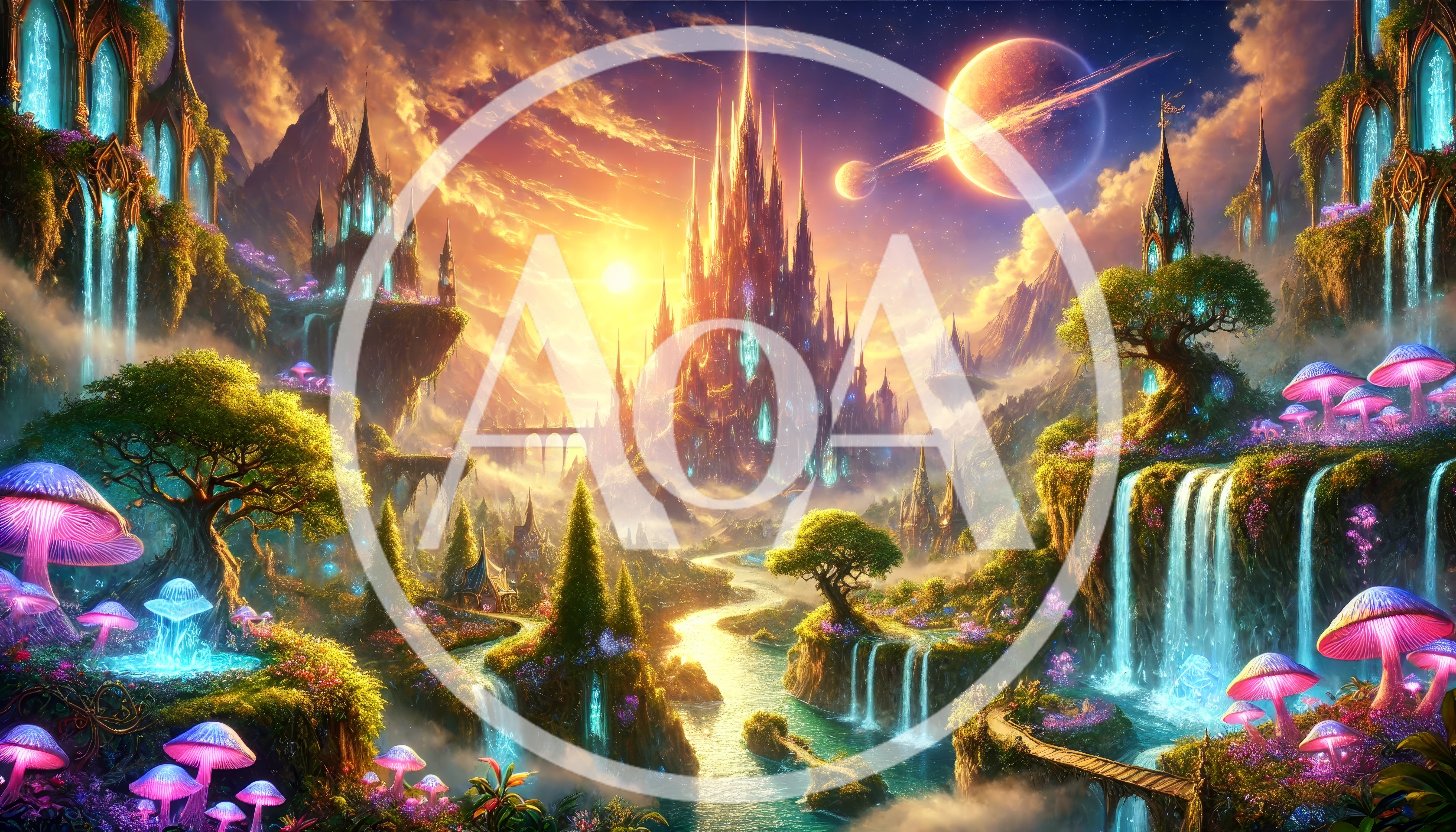 Fantasy Kingdom With Glowing Mushrooms And Floating Castles