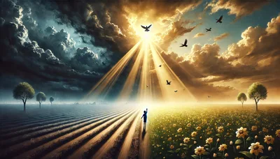 Child Reaching Toward Divine Light in Surreal Landscape