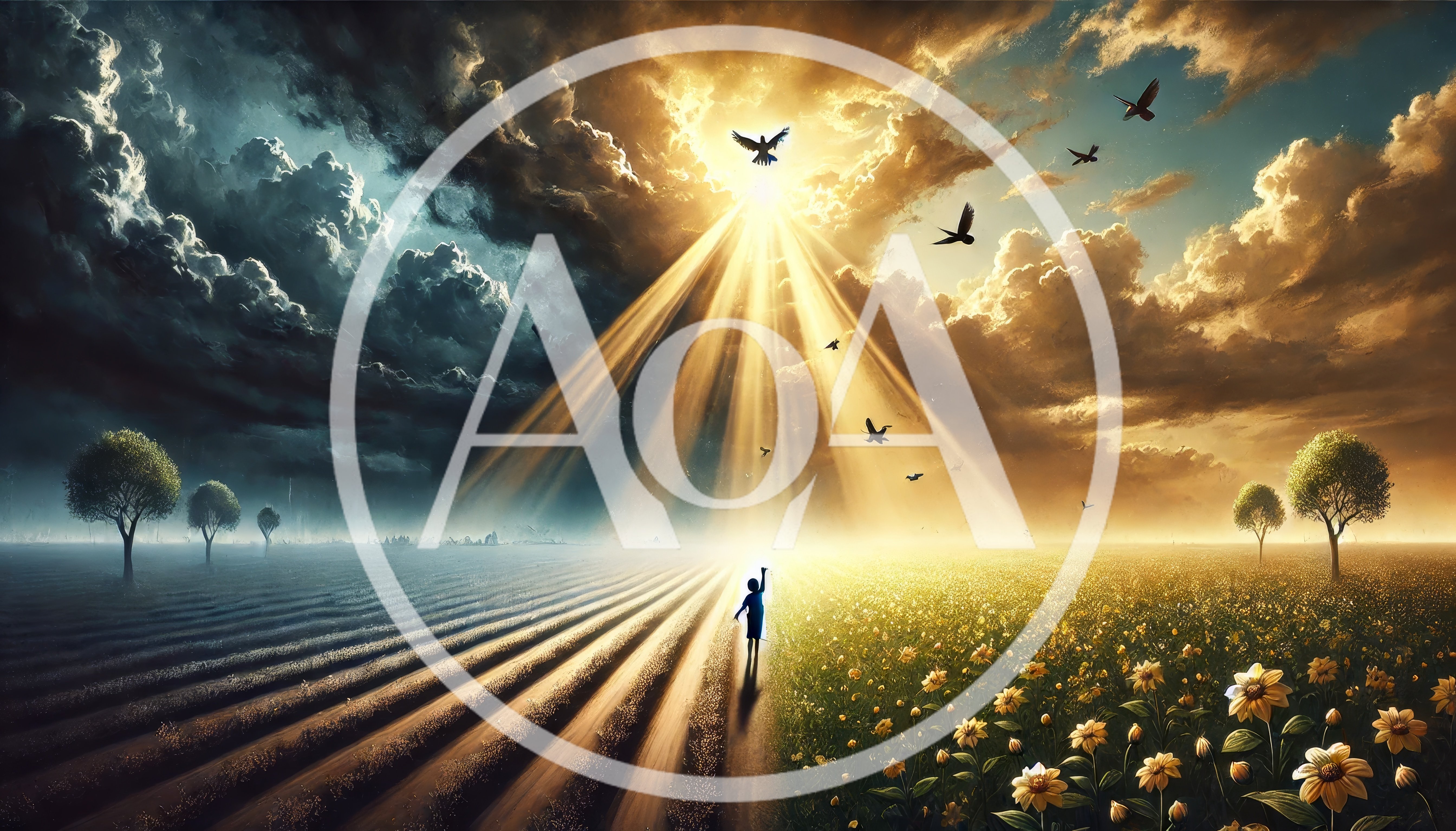 Child Reaching Toward Divine Light in Surreal Landscape