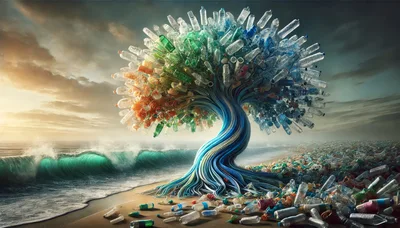 Surreal Plastic Bottle Tree On Polluted Beach