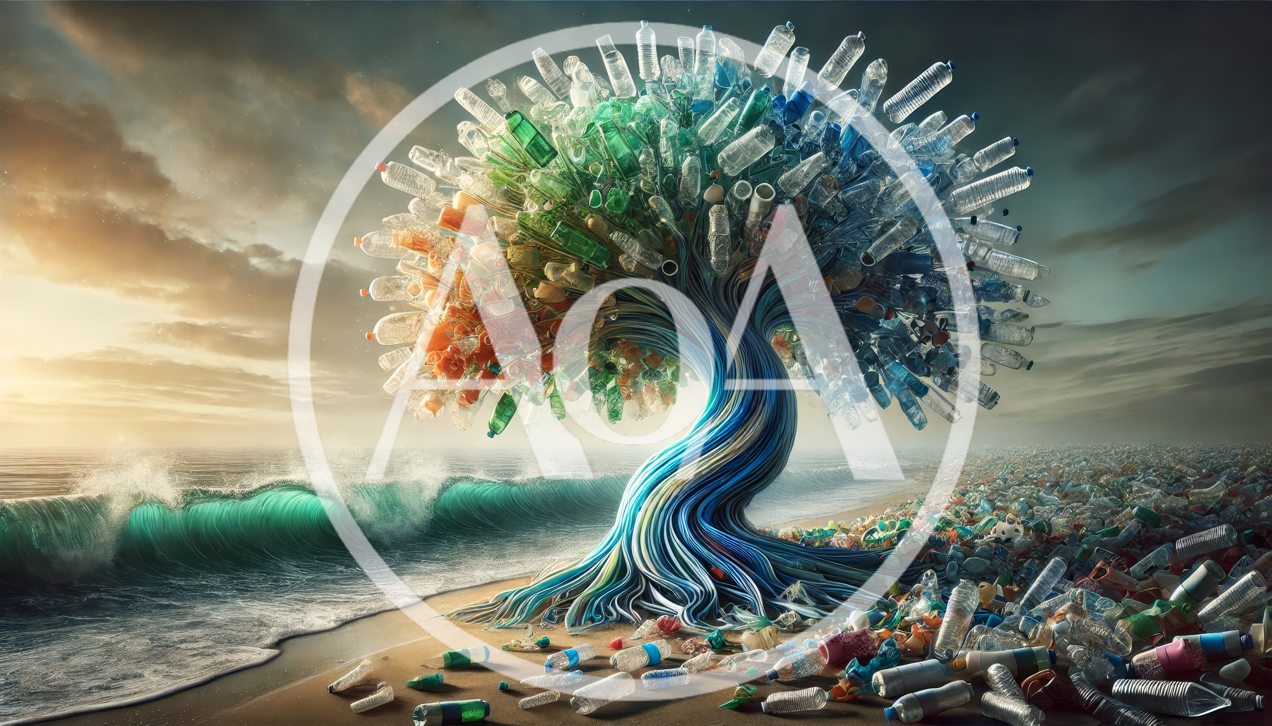Surreal Plastic Bottle Tree On Polluted Beach