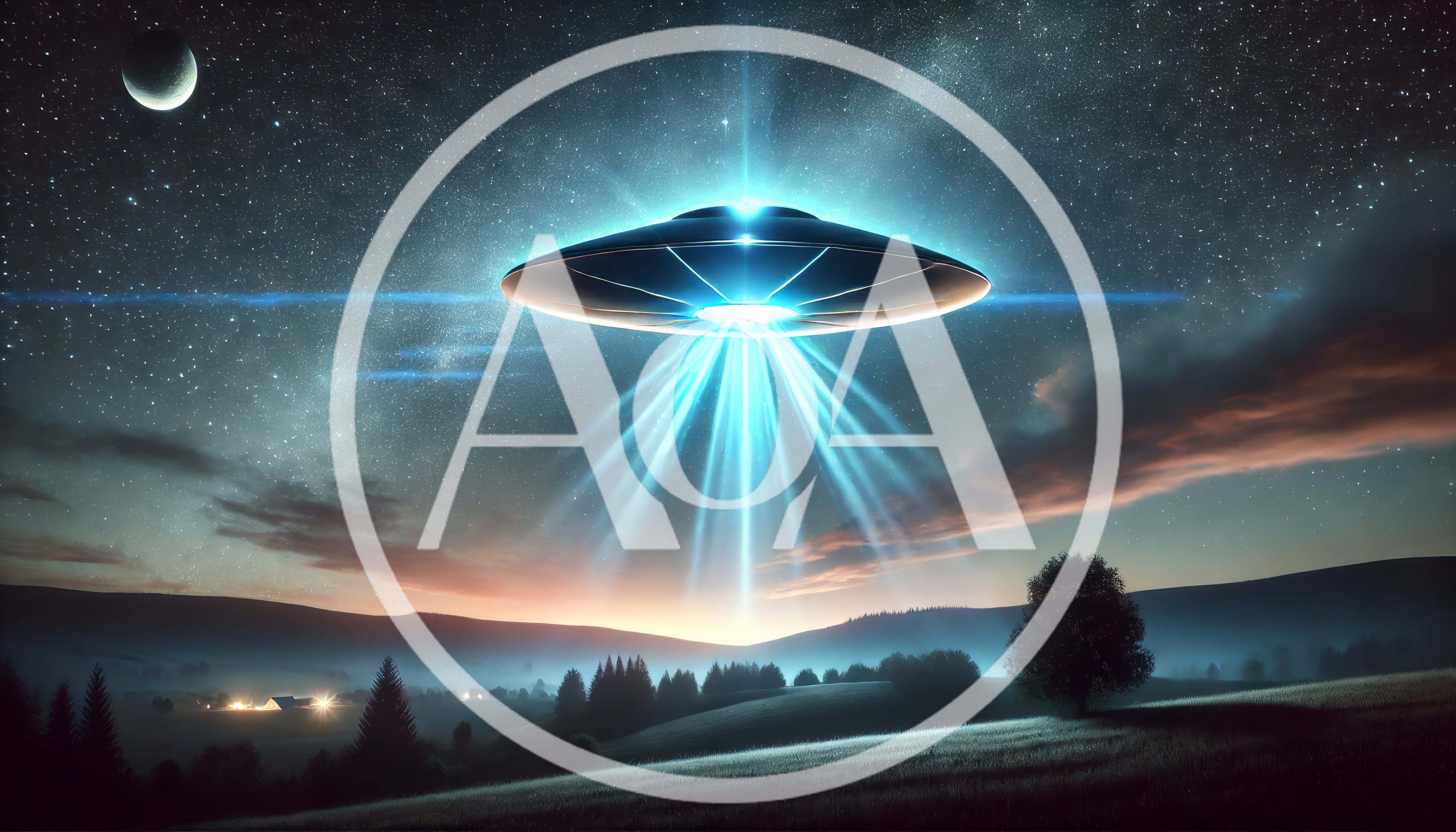 UFO Hovering Over Rural Landscape at Night