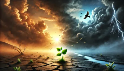 Conceptual Landscape With A Sprouting Plant And Stormy Sky