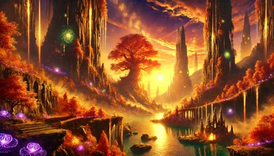 Fantasy Landscape With Glowing Trees And Ancient Architecture