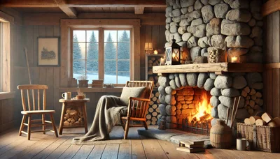 Cozy Rustic Cabin Interior With A Warm Stone Fireplace