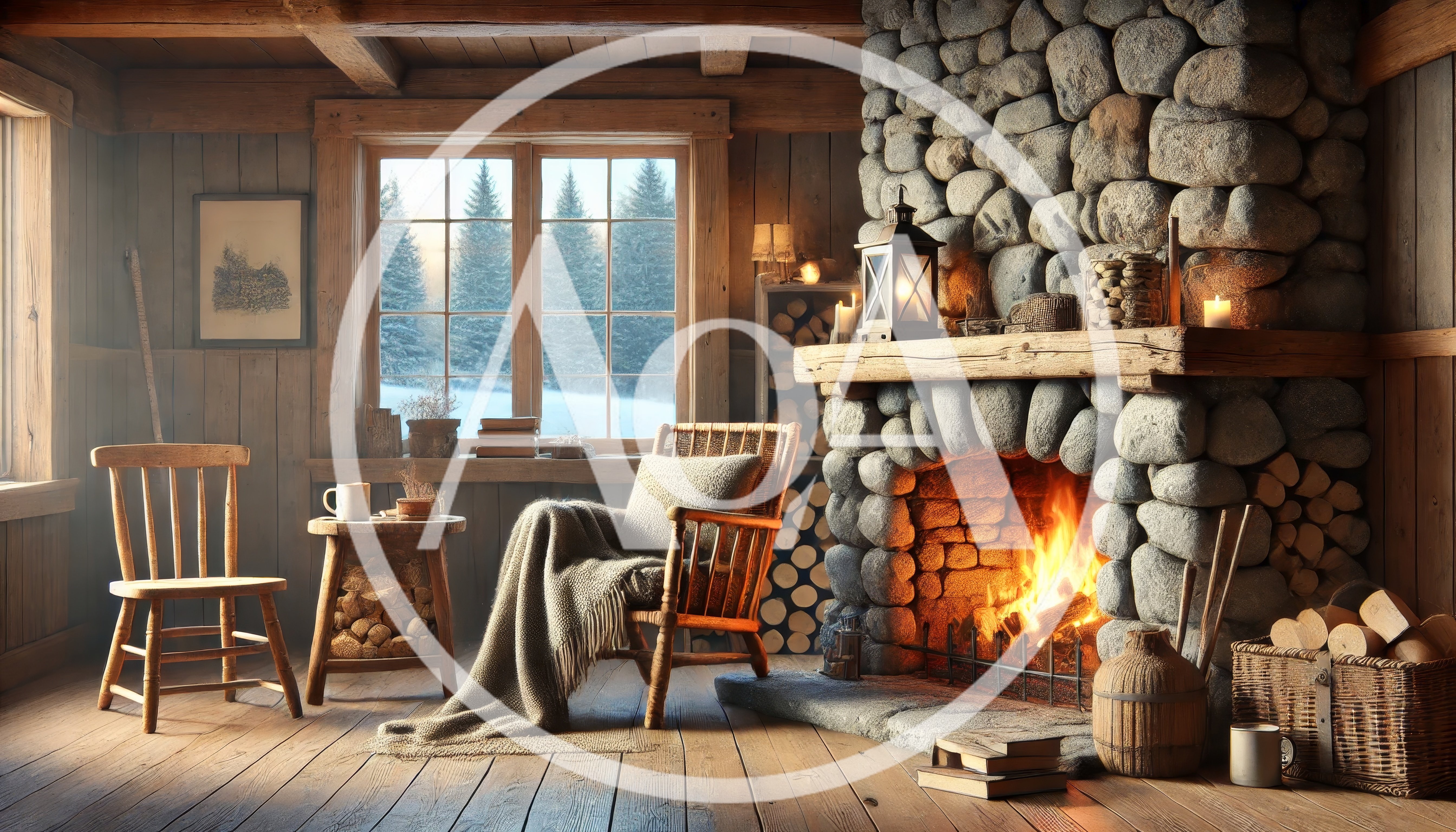 Cozy Rustic Cabin Interior With A Warm Stone Fireplace