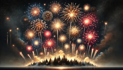 Vibrant Fireworks Display Over A Dark Forested Horizon