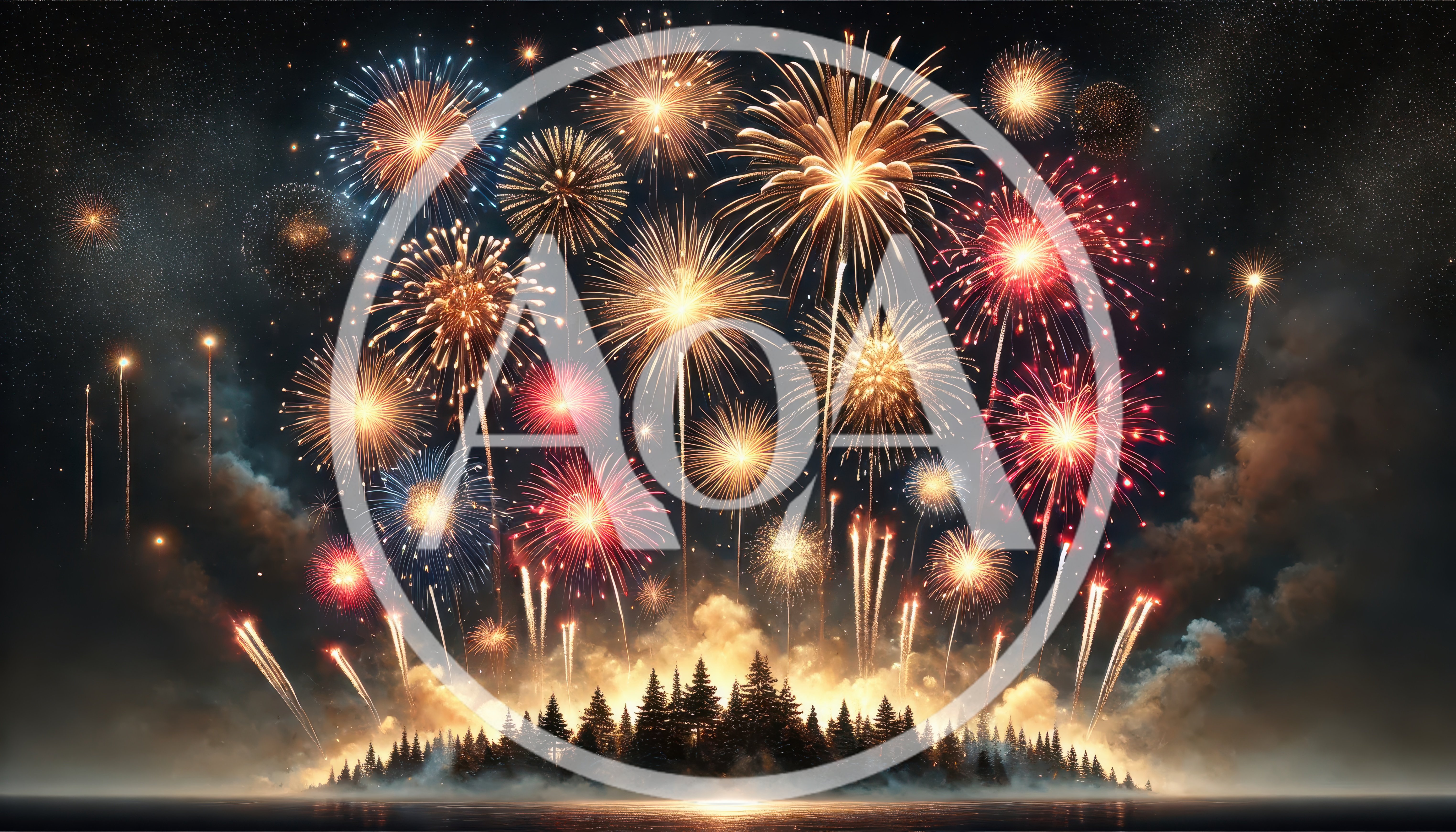 Vibrant Fireworks Display Over A Dark Forested Horizon