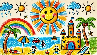 Childrens Crayon Drawing Of A Sunny Beach Scene