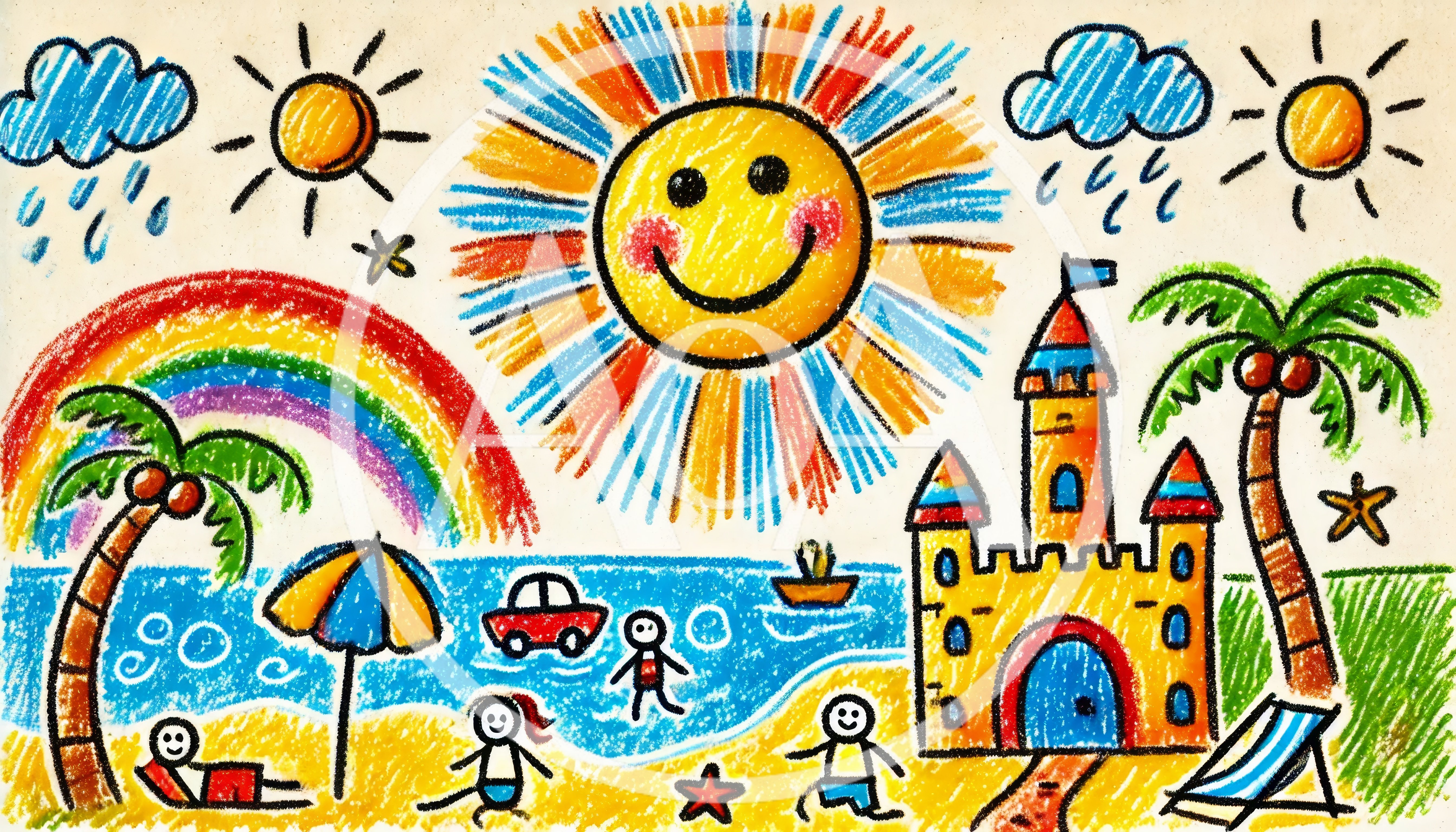 Childrens Crayon Drawing Of A Sunny Beach Scene