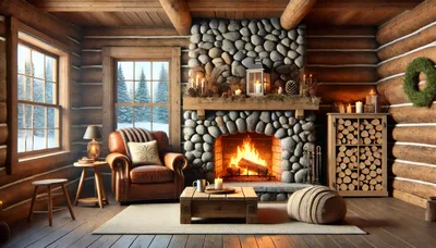 Cozy Log Cabin Living Room With Fireplace
