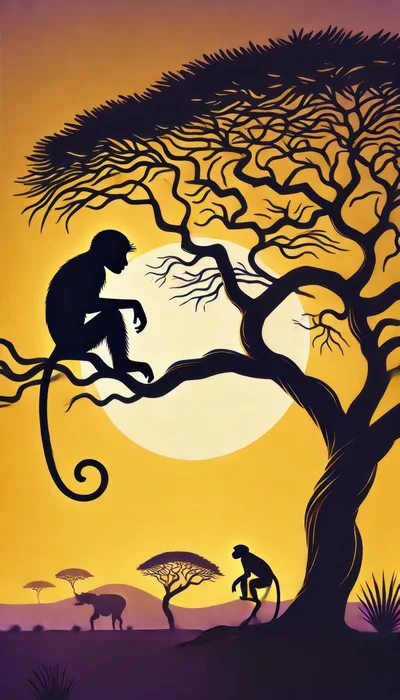 Silhouetted Monkeys In An African Savanna Sunset
