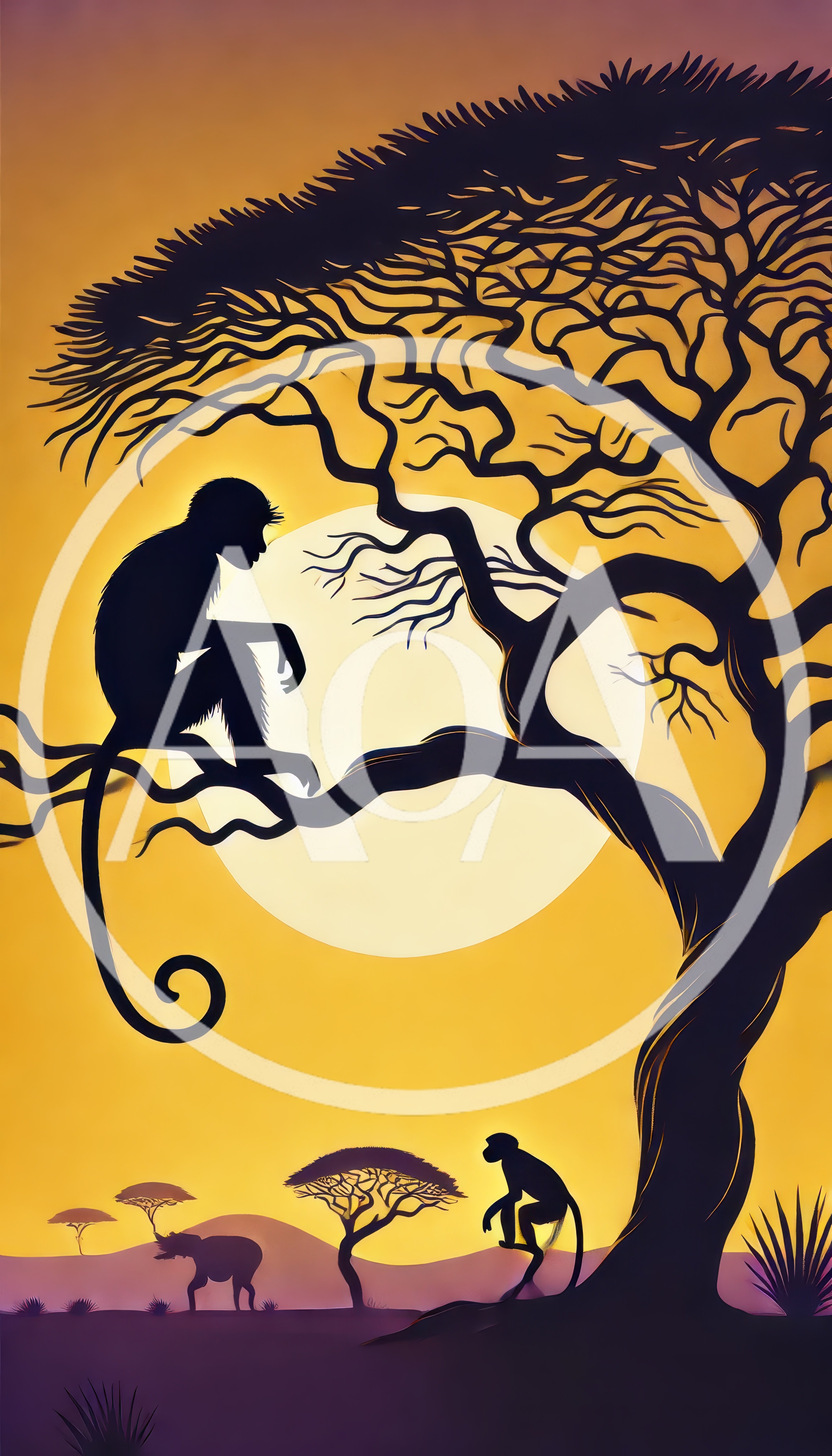 Silhouetted Monkeys In An African Savanna Sunset