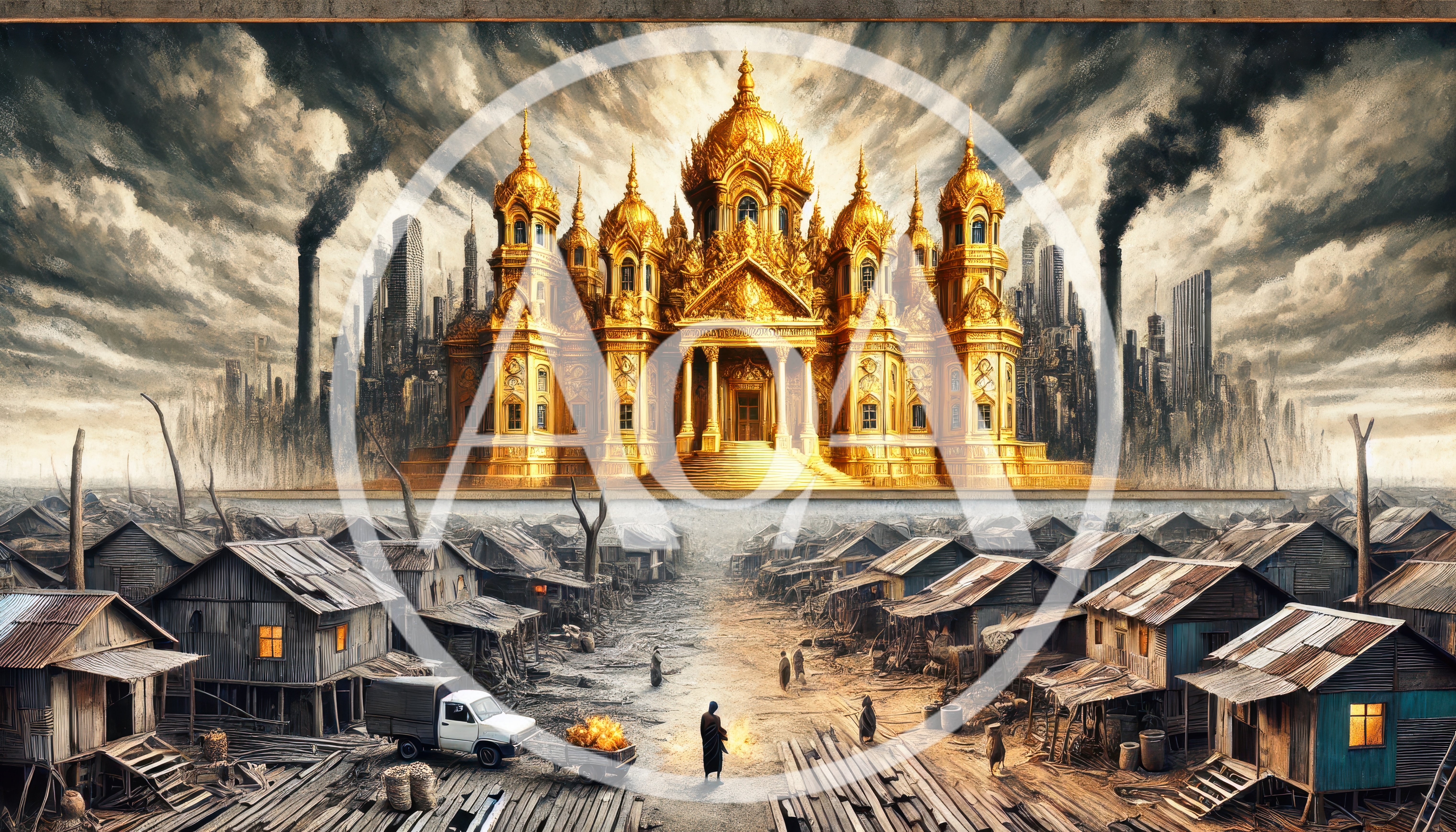 Surreal Contrast Between Golden Palace and Impoverished Slum
