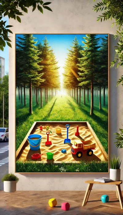 Surreal Sandbox Painting Hanging On A Wall