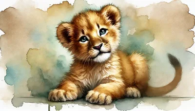 Watercolor Illustration Of A Cute Lion Cub