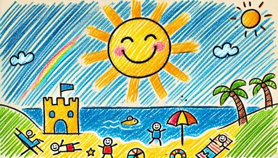 Childrens Crayon Drawing Of A Sunny Beach Scene