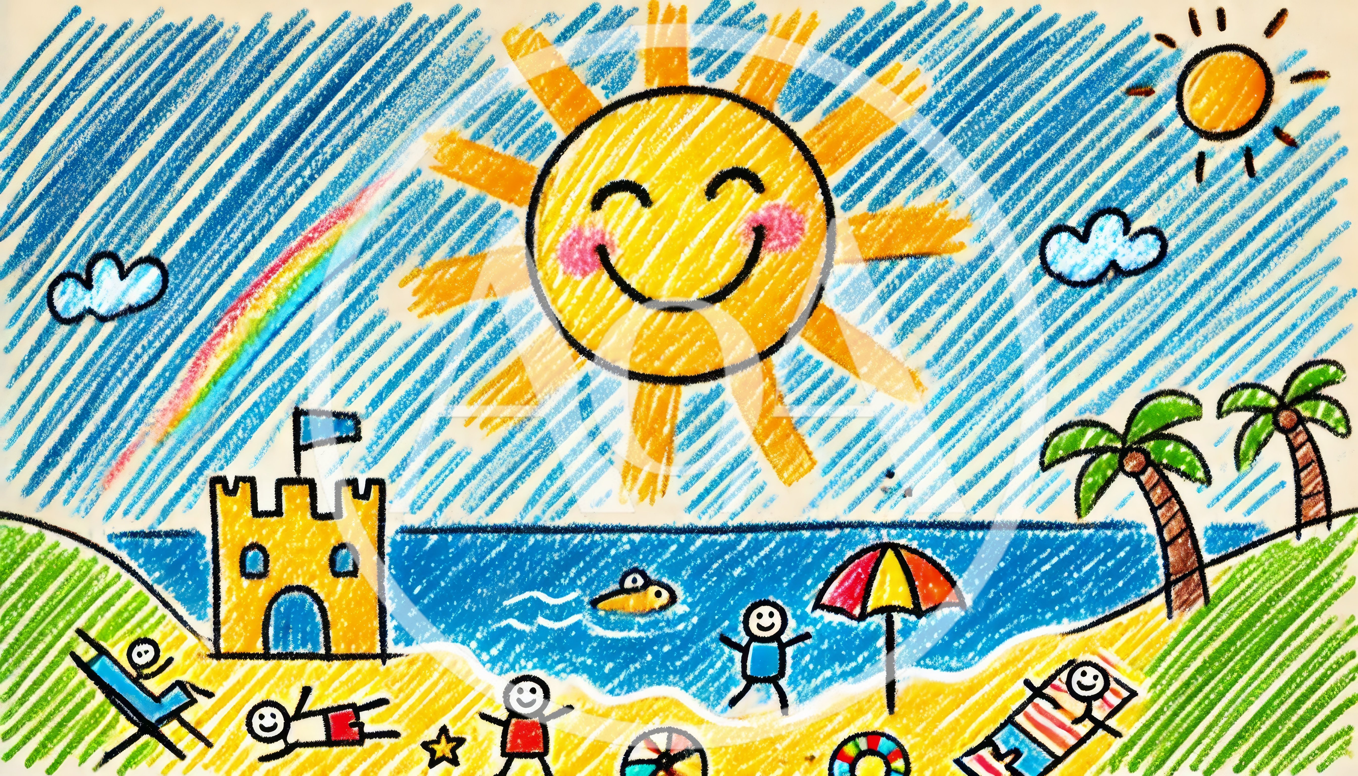 Childrens Crayon Drawing Of A Sunny Beach Scene