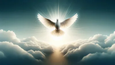 White Dove Flying Above Clouds With Radiant Light
