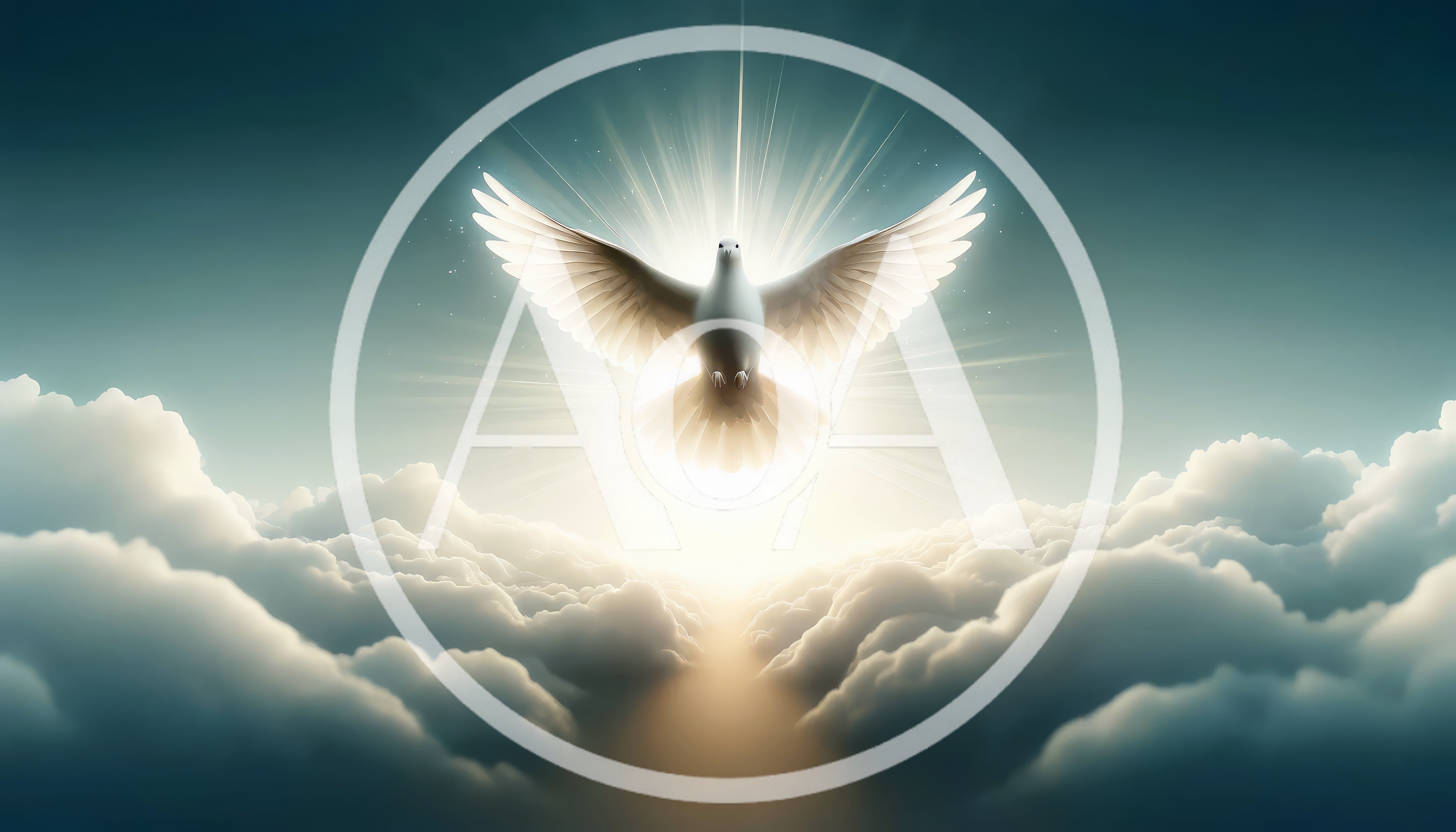 White Dove Flying Above Clouds With Radiant Light