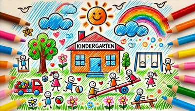 Colorful Kindergarten Drawing With Surrounding Colored Pencils
