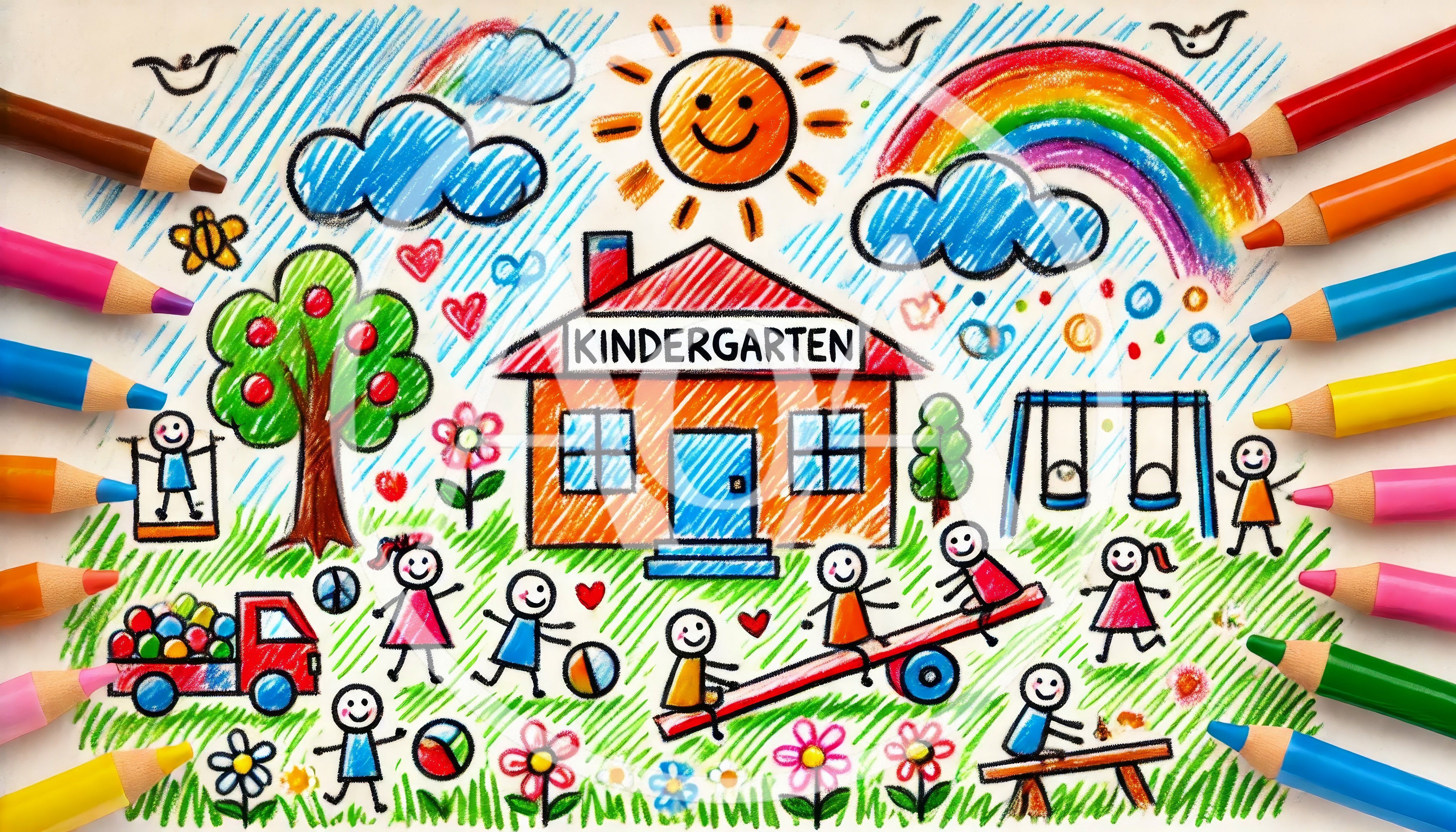 Colorful Kindergarten Drawing With Surrounding Colored Pencils