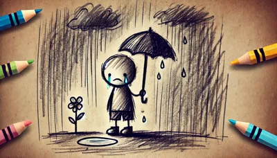 Sad Cartoon Character Holding Umbrella In Rain