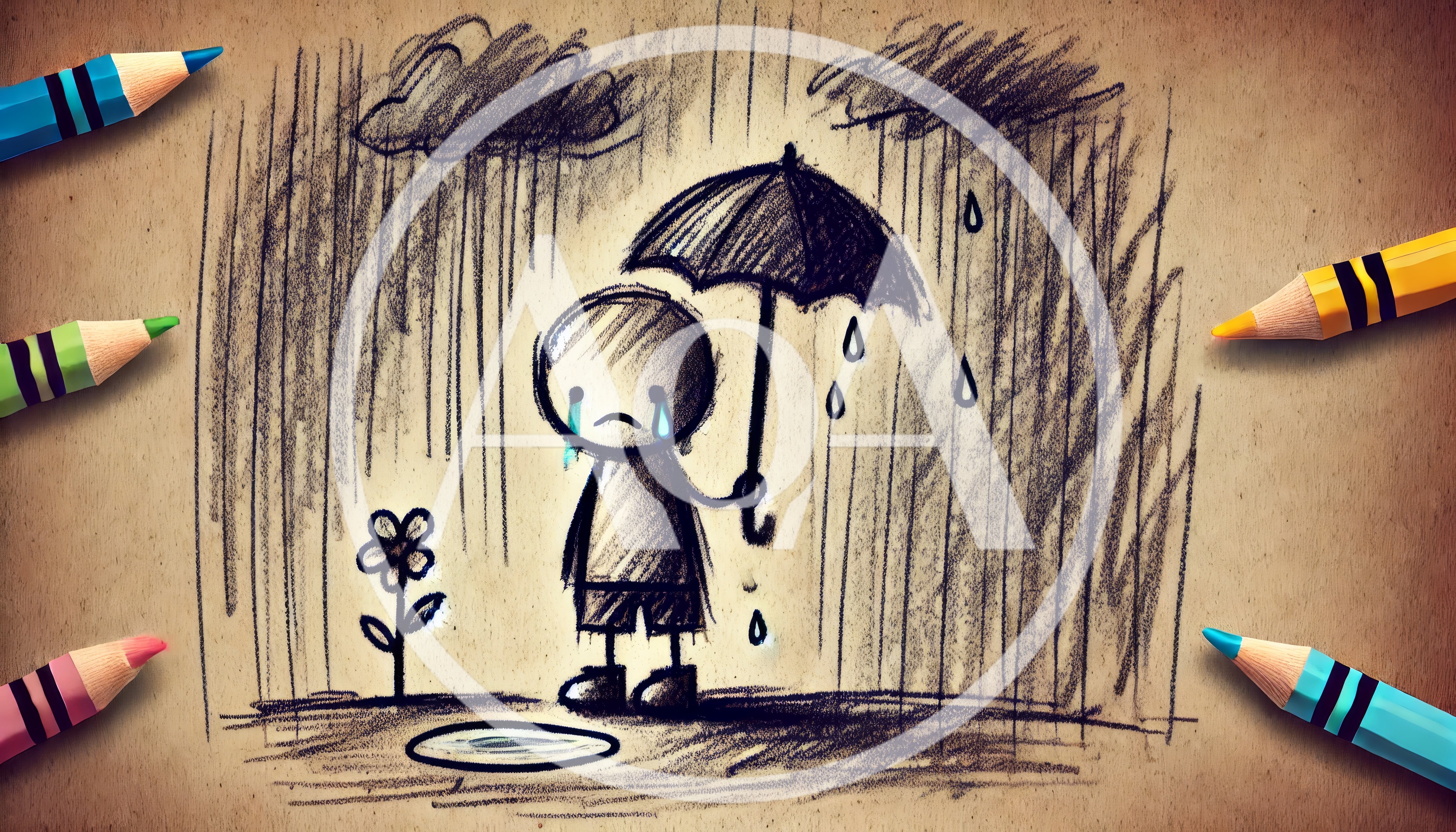 Sad Cartoon Character Holding Umbrella In Rain