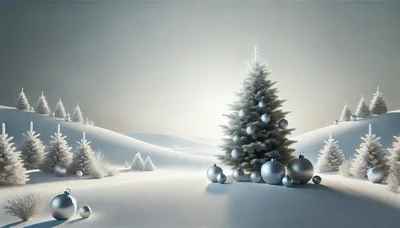 Silver Christmas Tree and Ornaments in Snowy Landscape