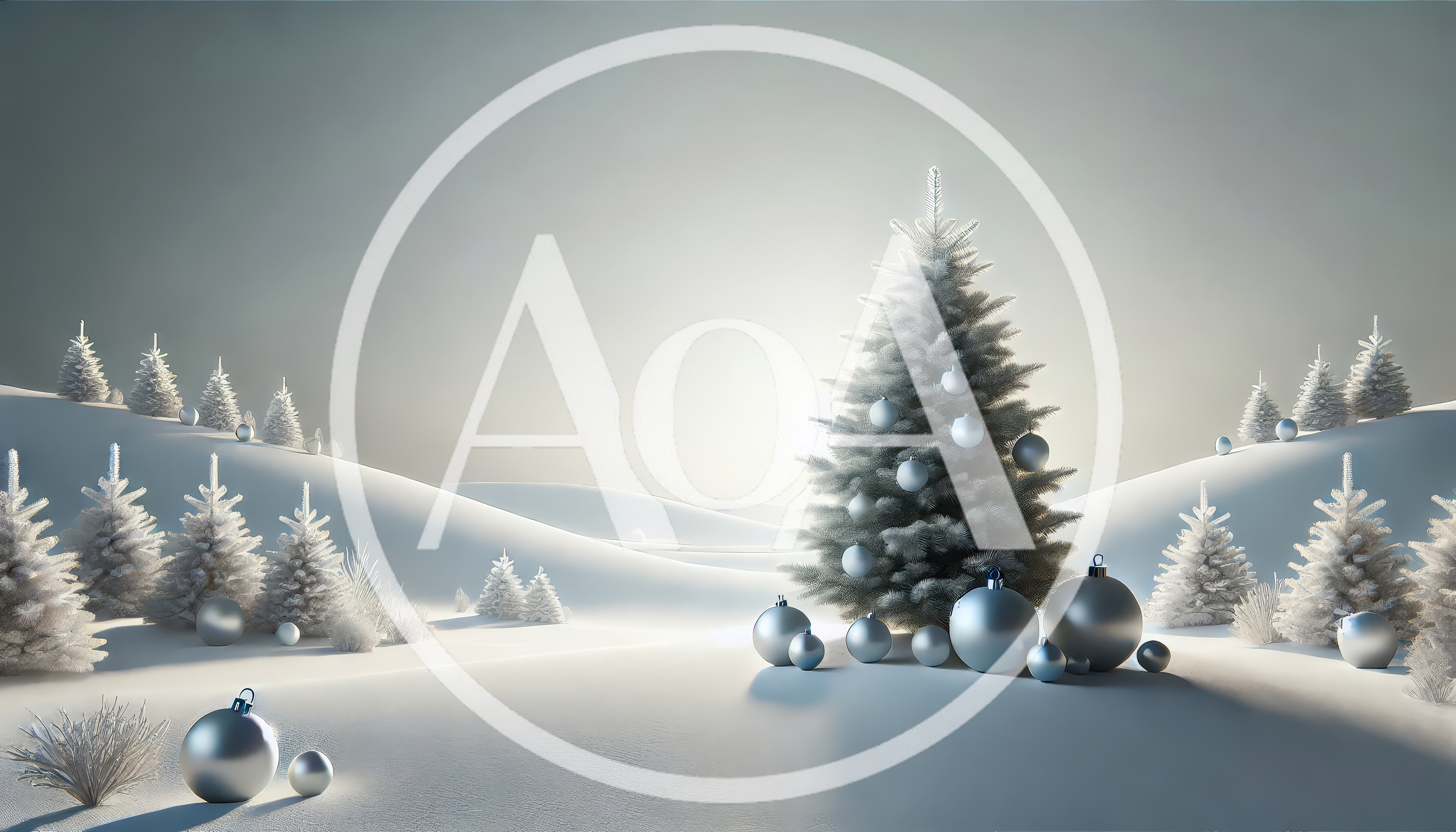 Silver Christmas Tree and Ornaments in Snowy Landscape