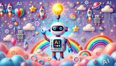 Cute AI Robot With Lightbulb Idea In Dreamy Sky