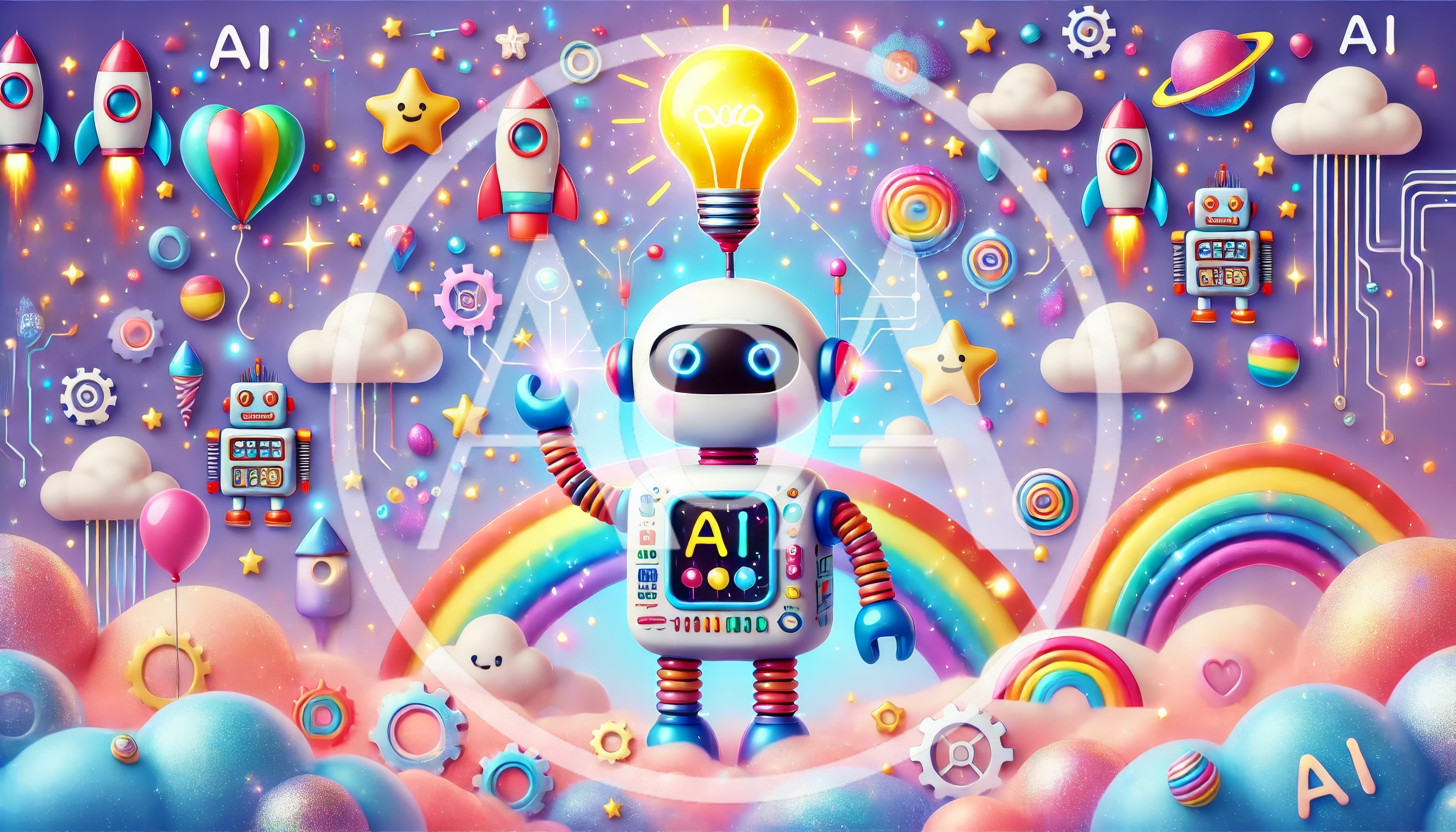 Cute AI Robot With Lightbulb Idea In Dreamy Sky