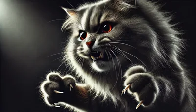 Aggressive Fluffy Cat With Glowing Red Eyes