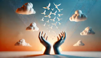 3D Rendered Hands Releasing A Flock Of Doves