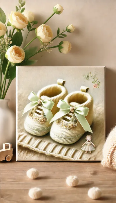 Baby Booties Illustration on Canvas with Floral Decor
