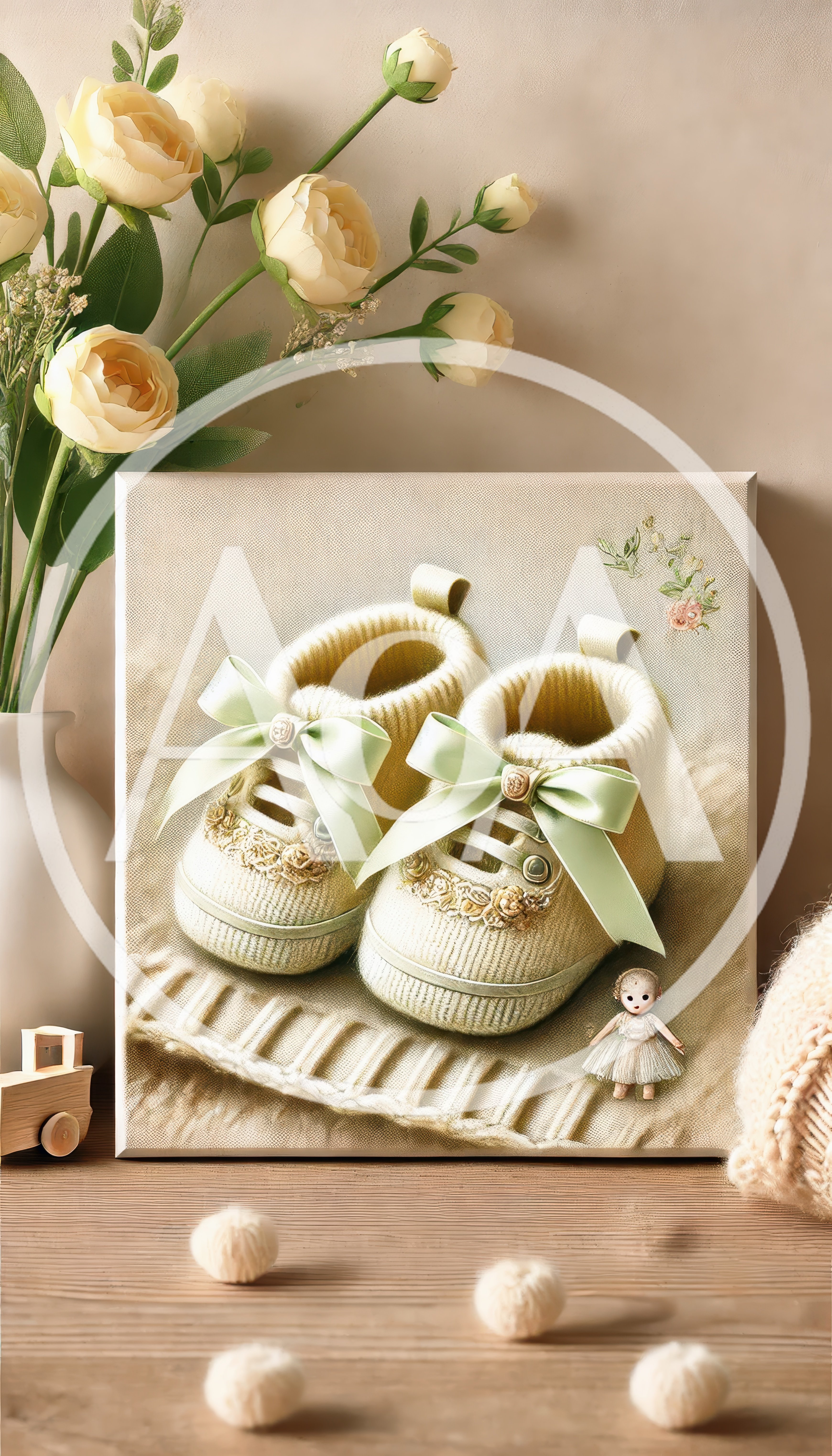 Baby Booties Illustration on Canvas with Floral Decor