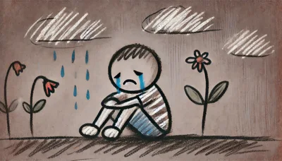 Sad Child Sitting Alone In The Rain Drawing
